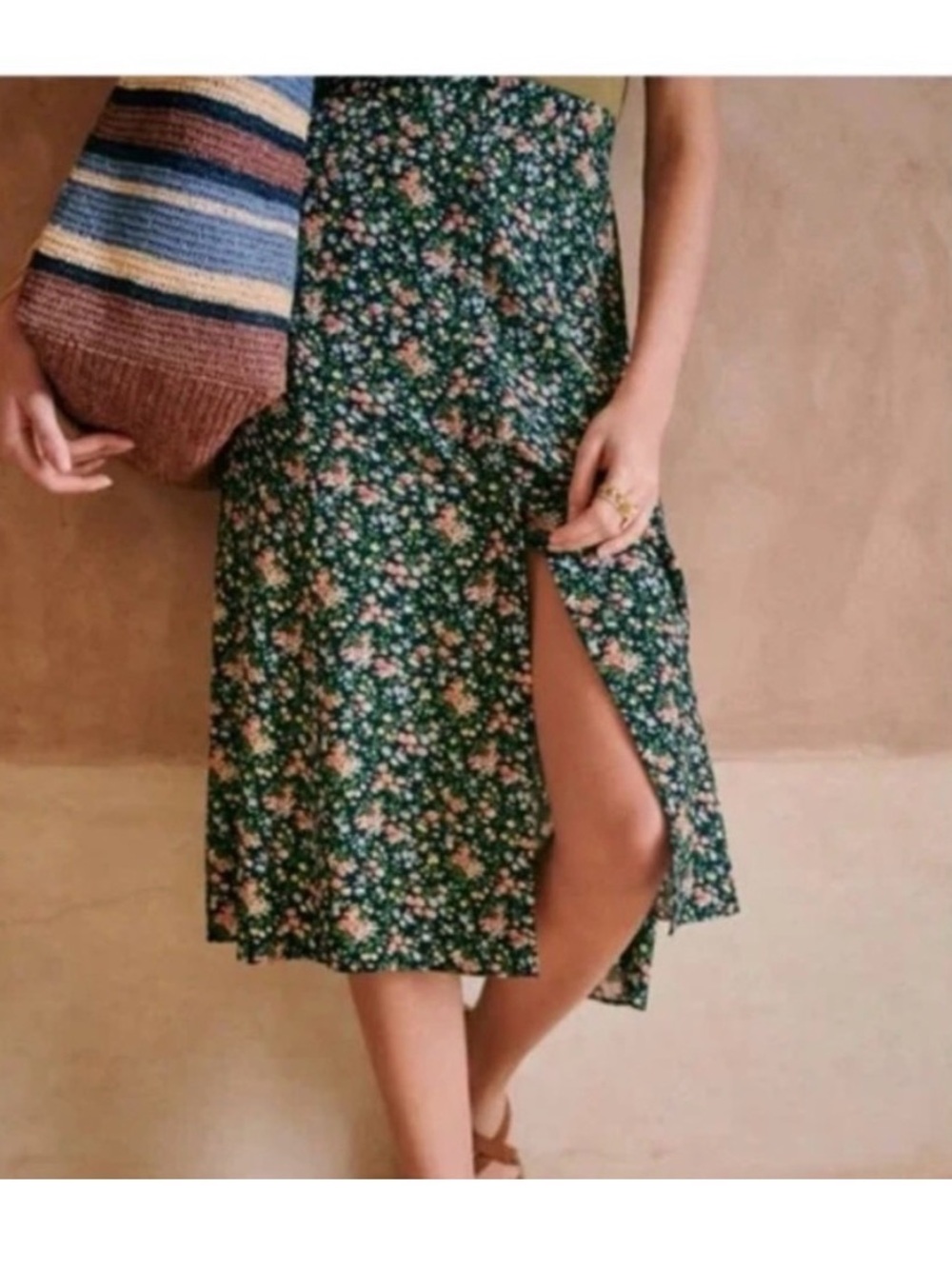 Sezane Jupe Ralph Floral Green Midi Skirt with Side Slit, Size 38, US 6 - Picture 2 of 6